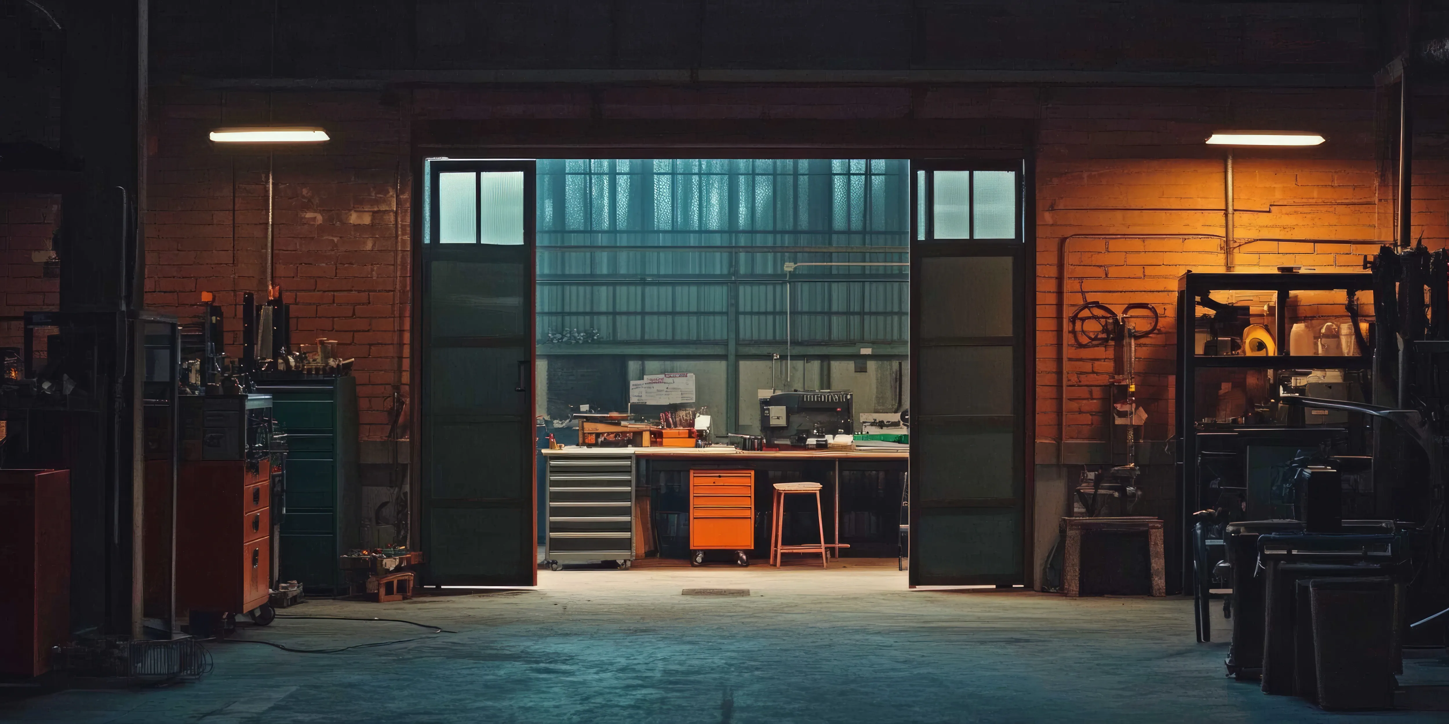 レンガの壁に囲まれたガレージ風倉庫のイラスト